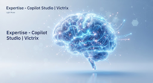 Cerveau numérique lumineux, illustration de l'expertise Copilot Studio de Victrix