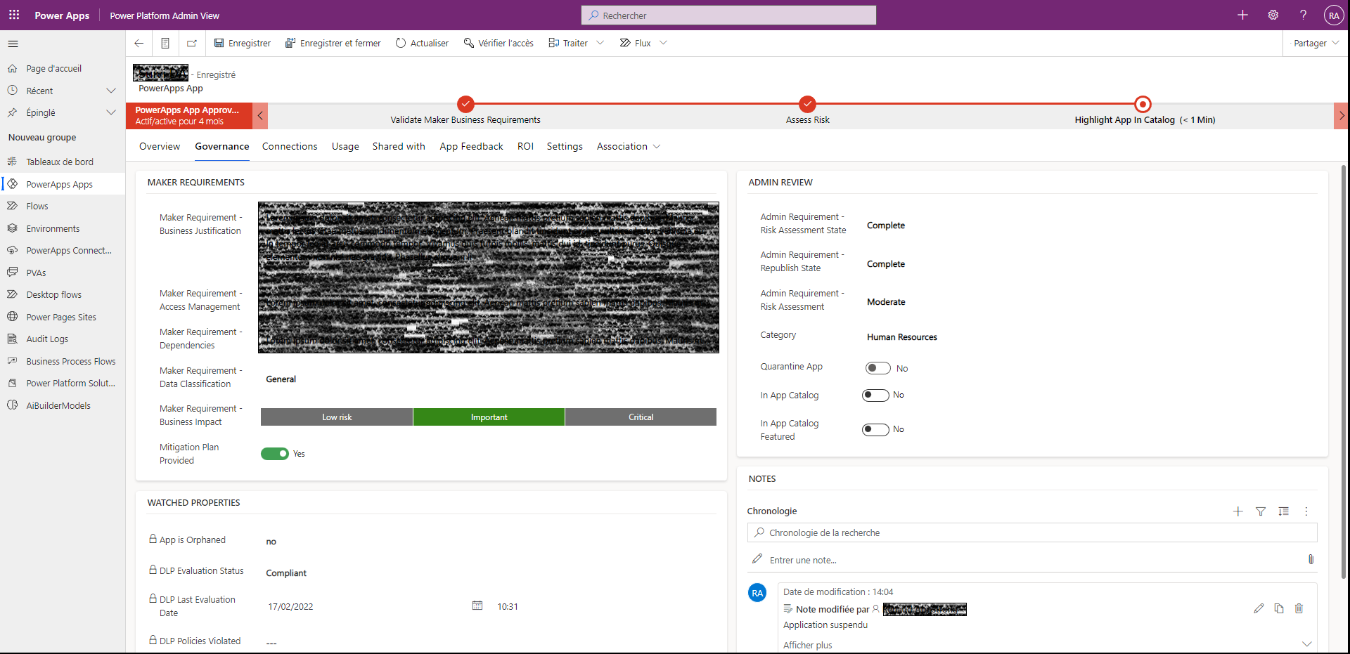 Capture d’écran de l’application — Gouvernance des outils Power Platform