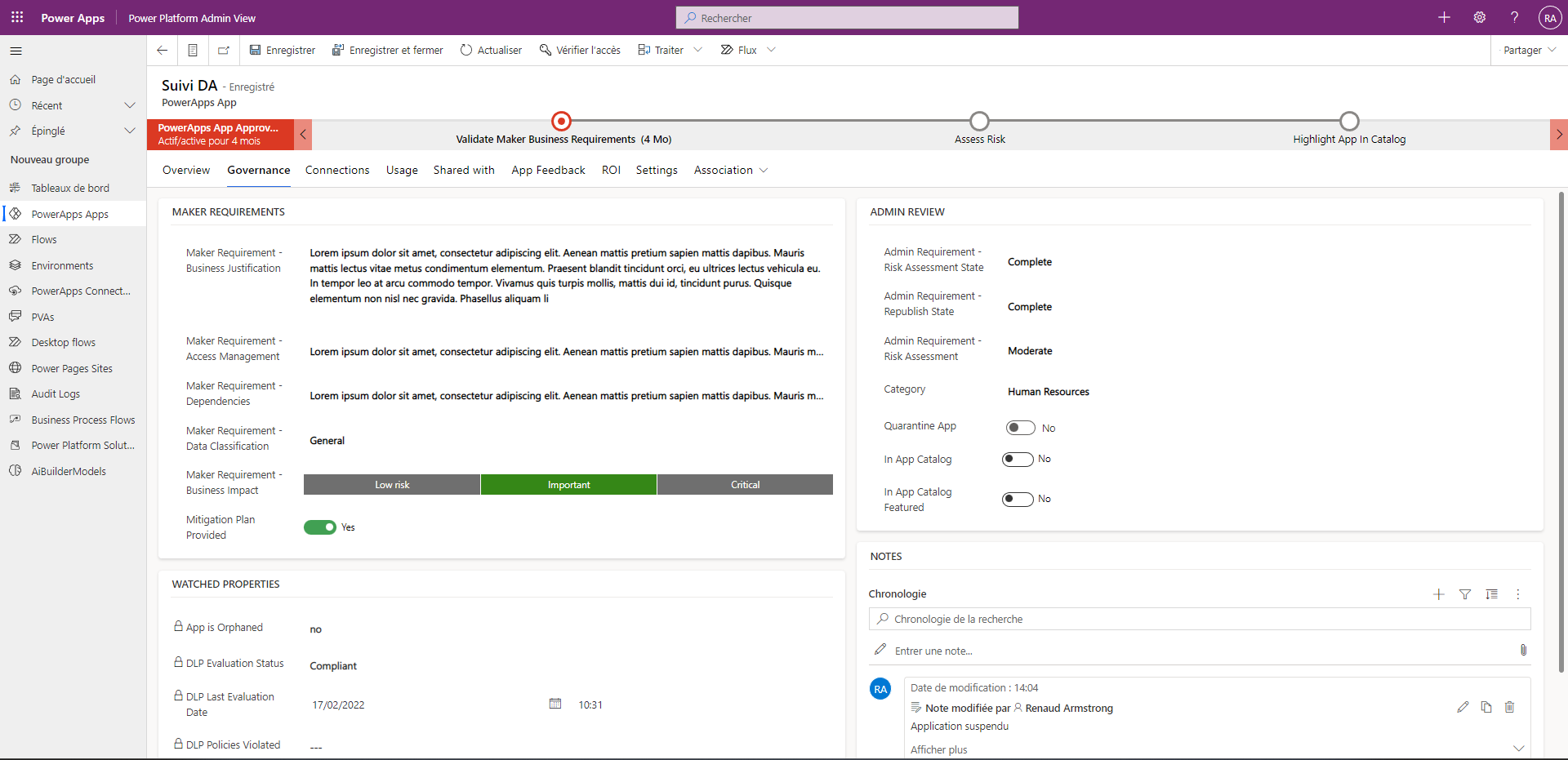 Capture d’écran de l’application — Gouvernance des outils Power Platform