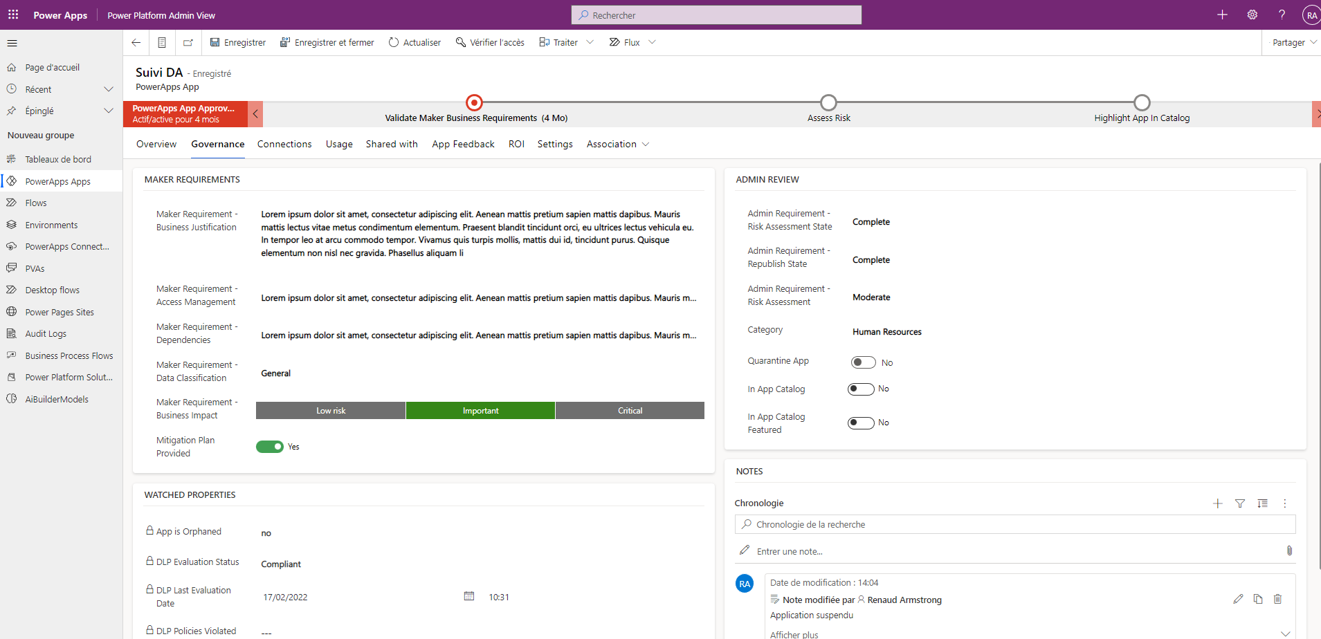 Capture d’écran de l’application — Gouvernance des outils Power Platform