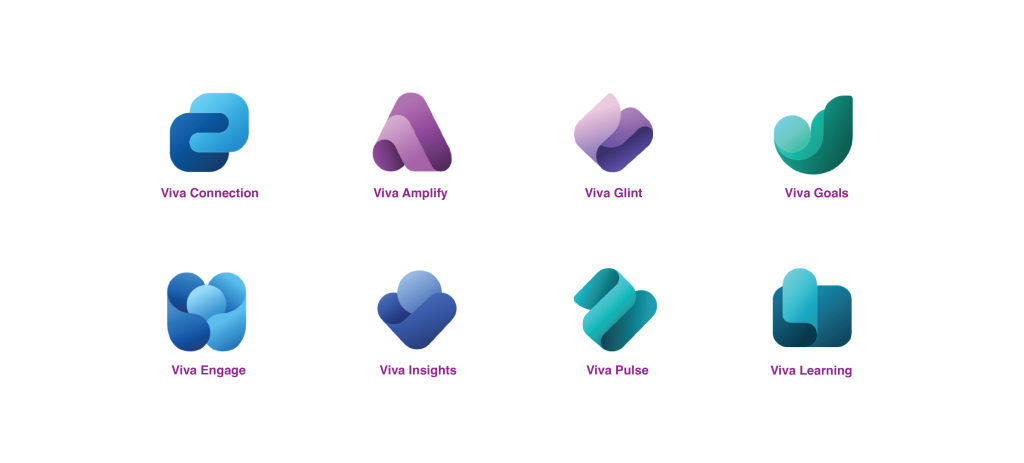 Viva Connections logo, Viva Engage logo, Viva Amplify logo, Viva Learning, Logo Viva Insight logo, Glint et Pulse logo, Viva Goals Logo